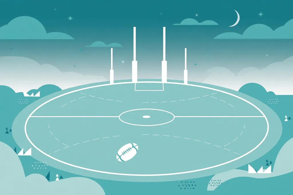 Illustration of an Australian rules football oval with goal posts and a football under a dusk sky. (Illustration: Flip News / AI-generated)