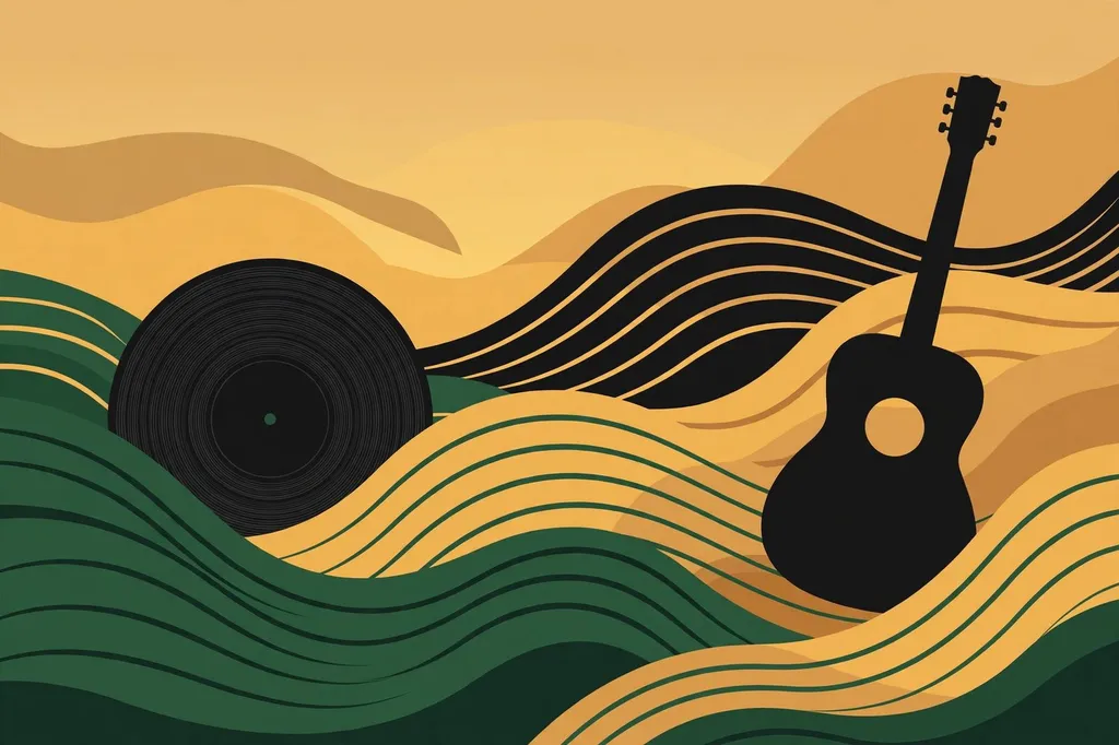 Illustration of a vinyl record and a guitar against green and gold waves. (Illustration: Flip News / AI-generated)