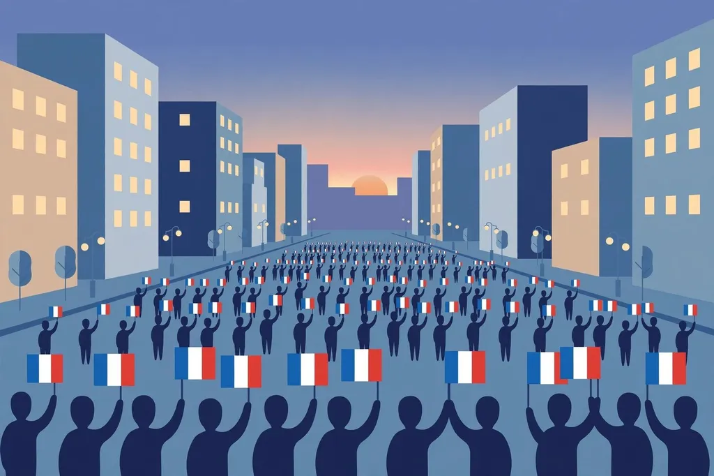 Illustration of a crowd carrying French flags on a city boulevard at dusk. (Illustration: Flip News / AI-generated)