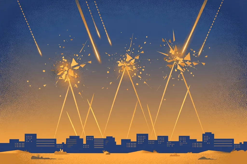 Illustration of missile streaks breaking apart over a desert city skyline at dusk. (Illustration: Flip News / AI-generated)