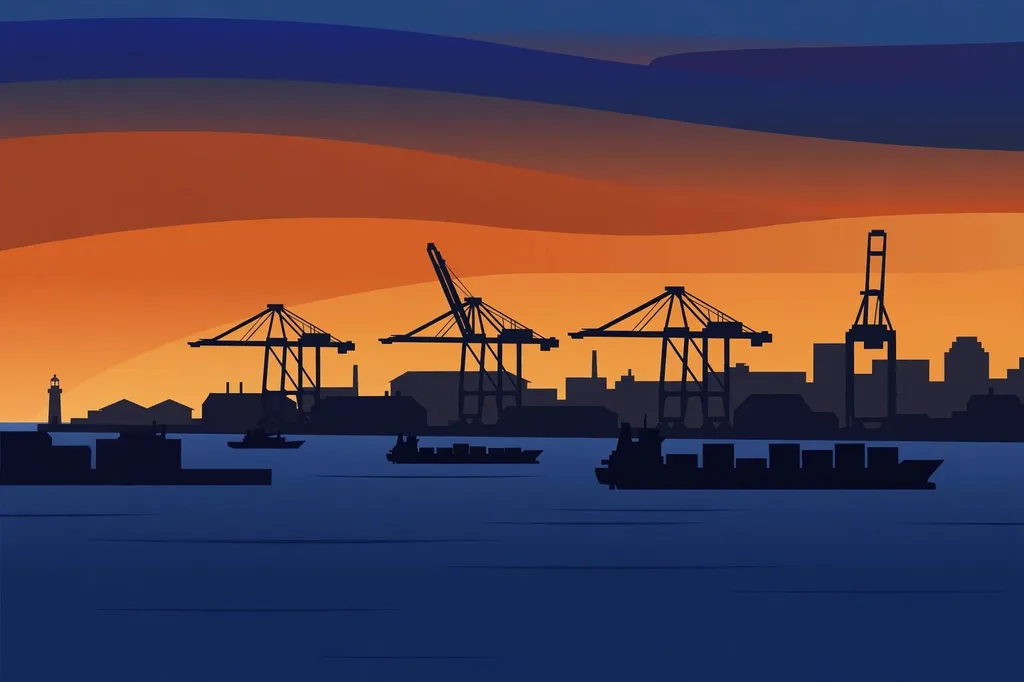 Illustration of a harbour at dusk with cargo cranes and ships silhouetted against an orange sky. (Illustration: Flip News / AI-generated)