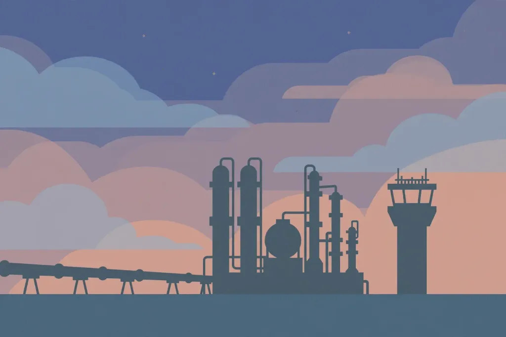 Illustration of oil refinery towers, a pipeline and an airport control tower silhouetted at dusk