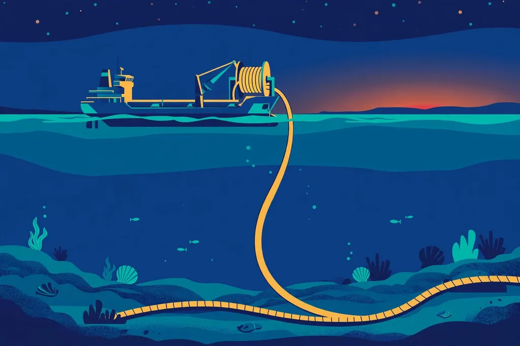 Stylised editorial illustration of a cable-laying ship deploying a fibre-optic cable onto the seabed at dusk