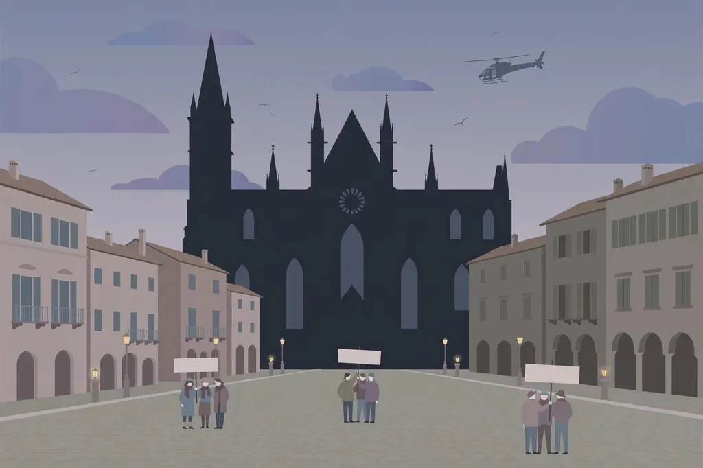 Illustration of small groups holding blank banners in a historic Italian city square at dusk, with a cathedral silhouette and a helicopter overhead. (Illustration: Flip News / AI-generated)