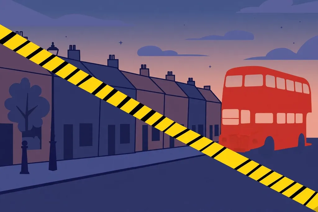 Illustration of police tape across a London street with a red bus. (Illustration: Flip News / AI-generated)