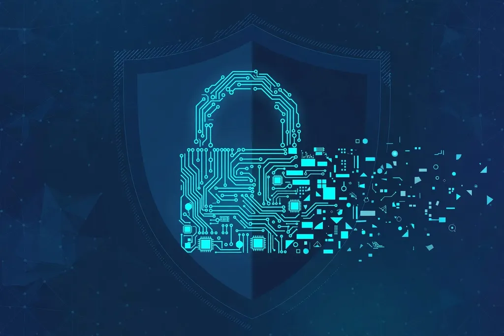 Illustration of a glowing circuit-board padlock dissolving into digital fragments against a dark background