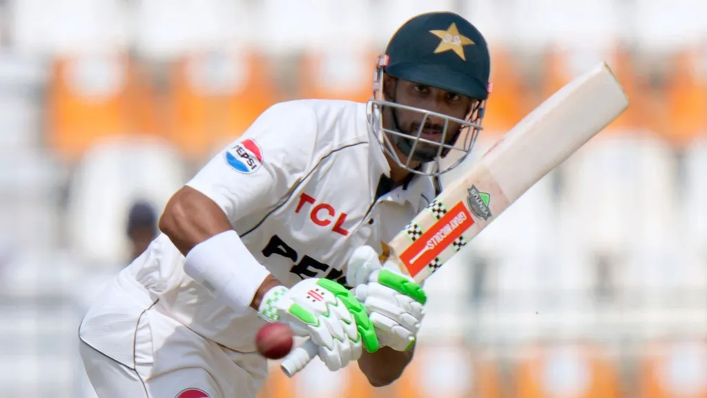 Pakistan batsman Shan Masood playing a shot in Test whites