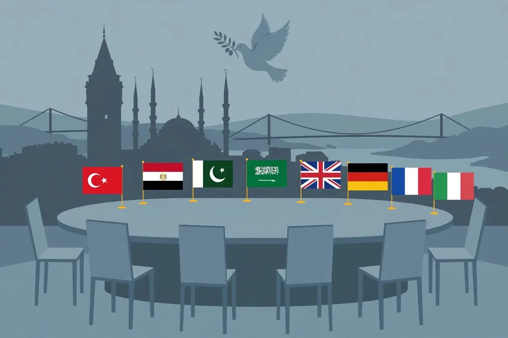 Editorial illustration of a summit table bearing the flags of Türkiye, Egypt, Pakistan, Saudi Arabia, the UK, Germany, France and Italy against the Istanbul skyline, with a dove carrying an olive branch above.