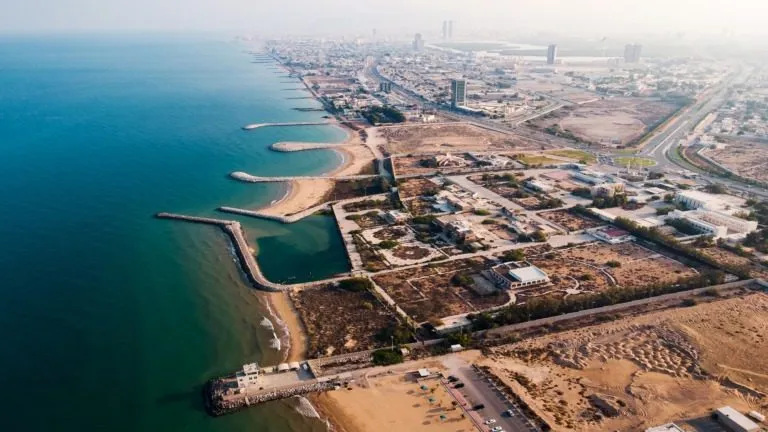 Aerial view of the Ras Al Khaimah coastline and beaches