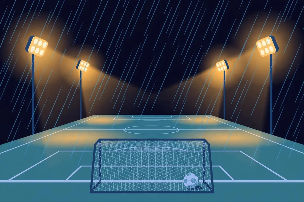 Illustration of a floodlit football pitch in rain with a ball near an empty goal. (Illustration: Flip News / AI-generated)
