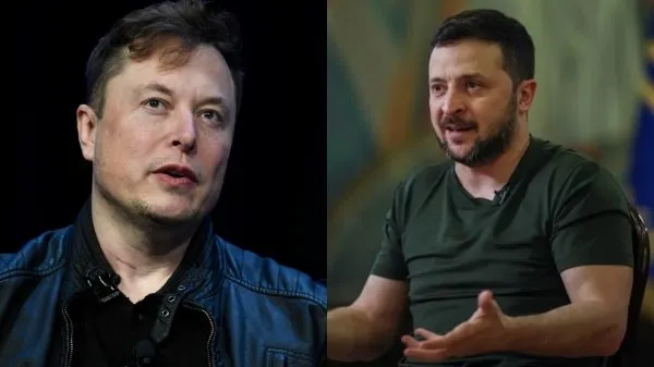 Elon Musk and Ukrainian President Volodymyr Zelenskyy in separate portraits