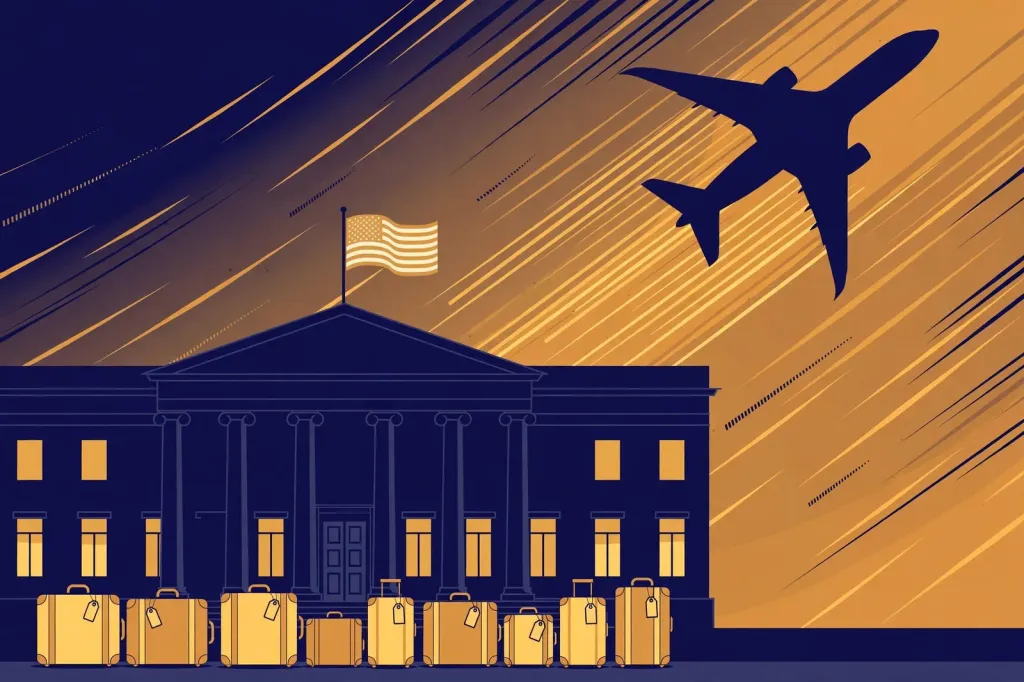 Illustration: an embassy flying the American flag with tagged suitcases lined up for departure as an airliner climbs into a dusk sky