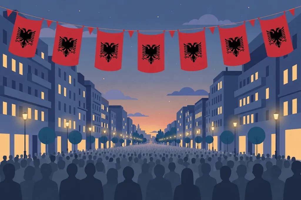 Illustration of Albanian flags above a crowd on a Tirana boulevard at dusk