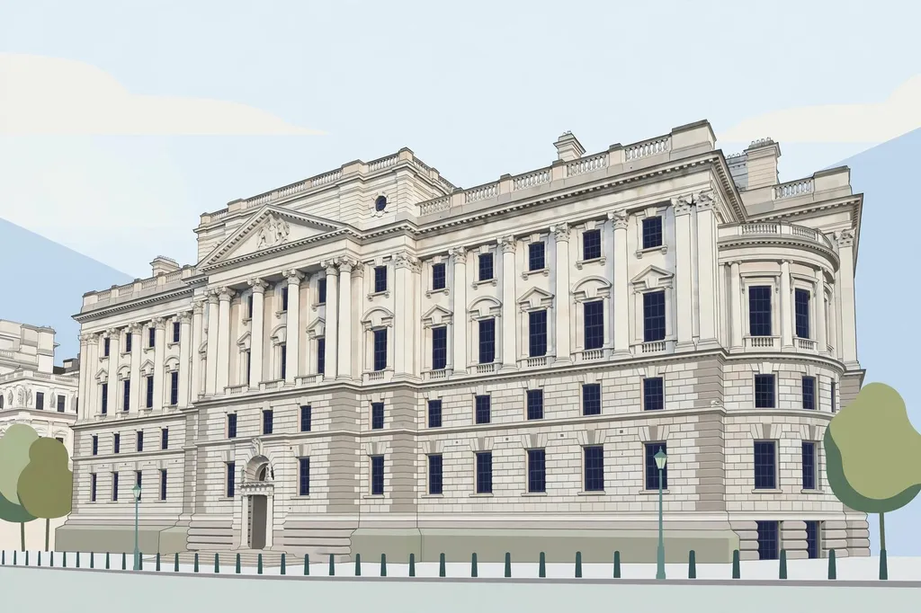 Illustration of the HM Treasury building in Whitehall, London