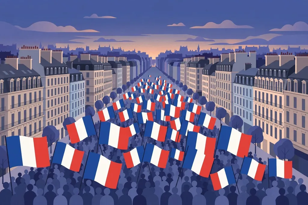 Illustration of French flags above a crowd on a Paris boulevard at dusk. (Illustration: Flip News / AI-generated)