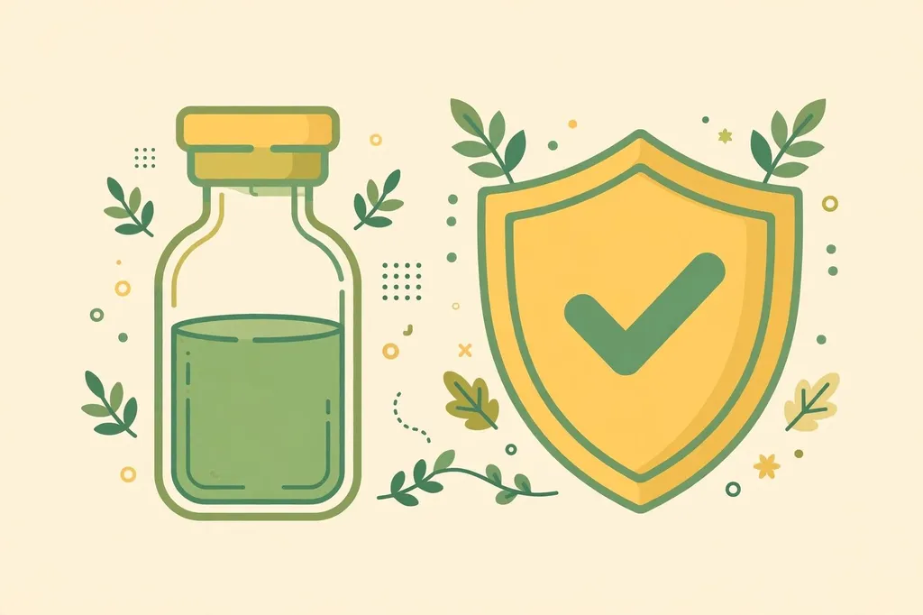 Illustration of a vaccine vial beside a shield with a check mark