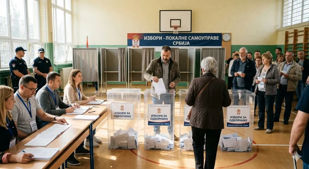 Voters cast ballots at a Serbian polling station with ballot boxes in a school hall