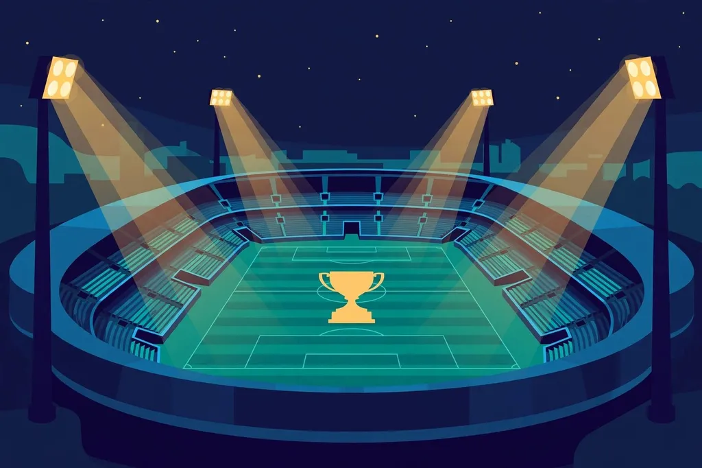 Illustration of a floodlit football stadium with a golden trophy at the centre of the pitch