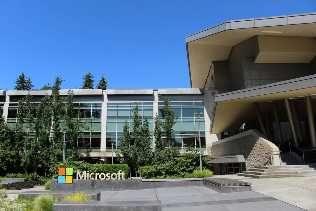 Microsoft headquarters building in Redmond, Washington, with the Microsoft logo sign