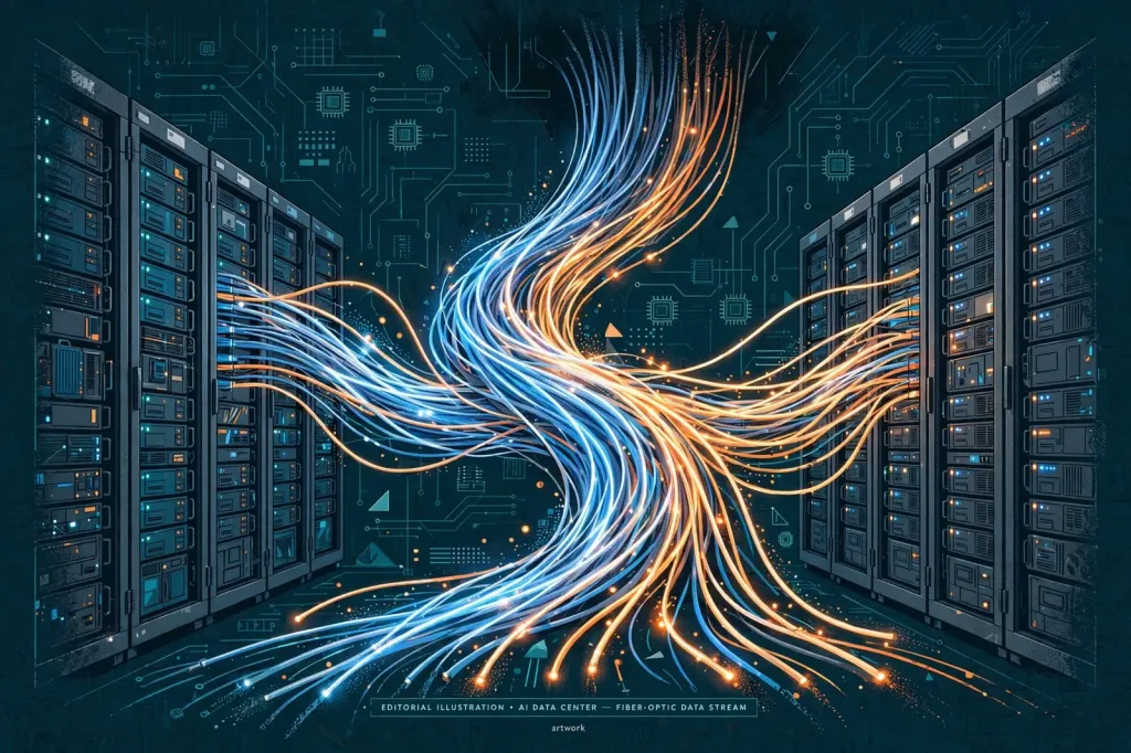 Editorial illustration of glowing fibre-optic cables streaming between server racks inside an AI data centre