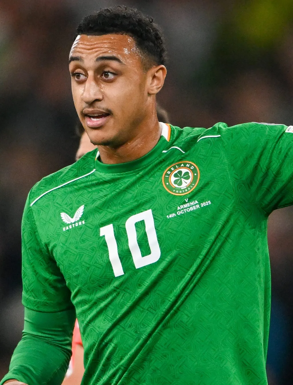 Republic of Ireland striker Adam Idah in the green Ireland shirt, photographed against Armenia in October 2025.