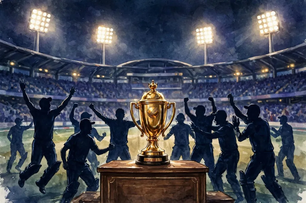 Illustration: a golden cricket trophy on a winners' podium under night-time stadium floodlights, silhouetted celebrating cricketers. AI-generated editorial illustration.