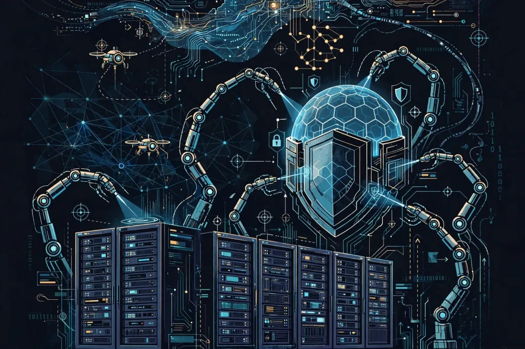 Illustration of autonomous AI agent robot arms probing a shielded server data centre