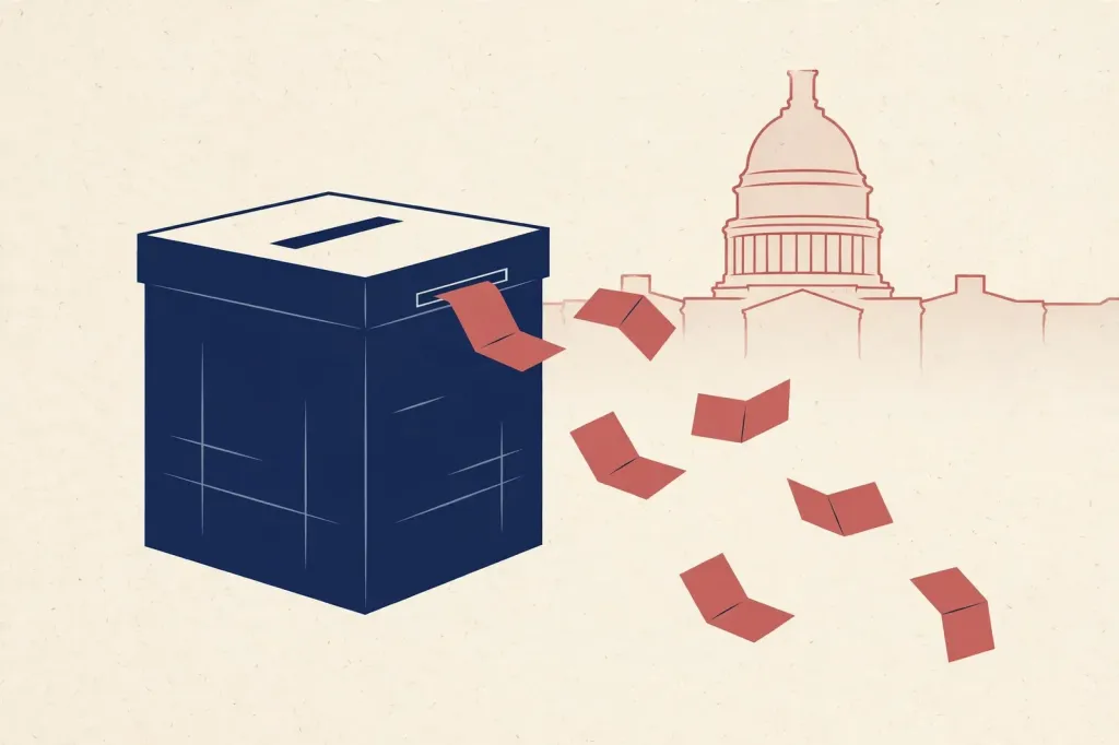 Stylised editorial illustration of a ballot box with red ballots slipping away, before a softly drawn US Capitol dome in blue and red
