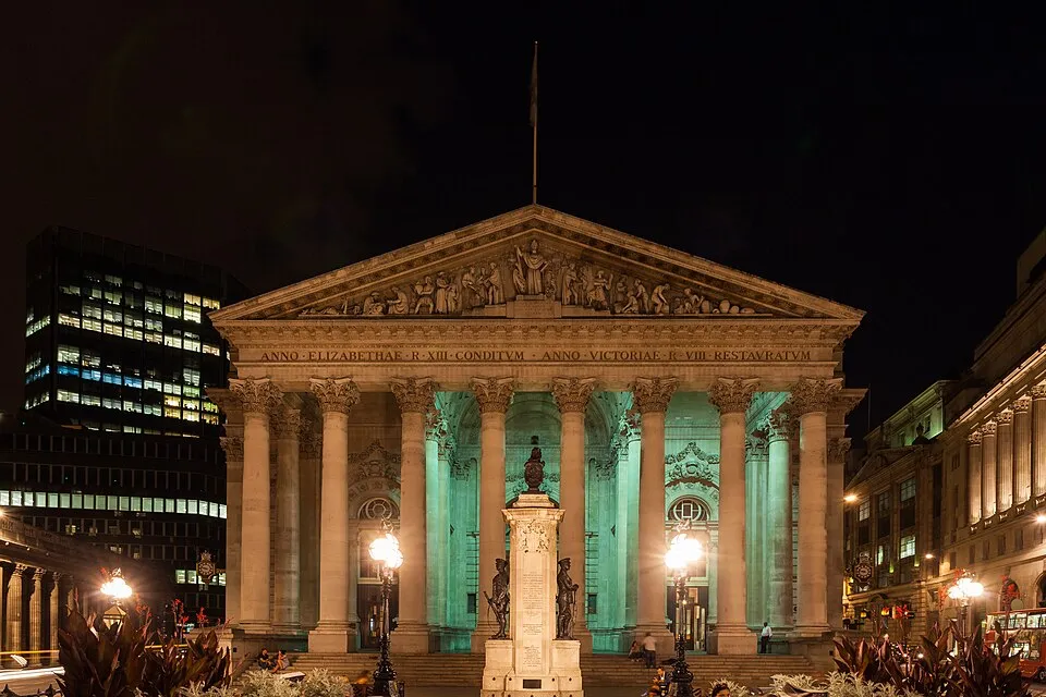 The Royal Exchange building in the City of London at night