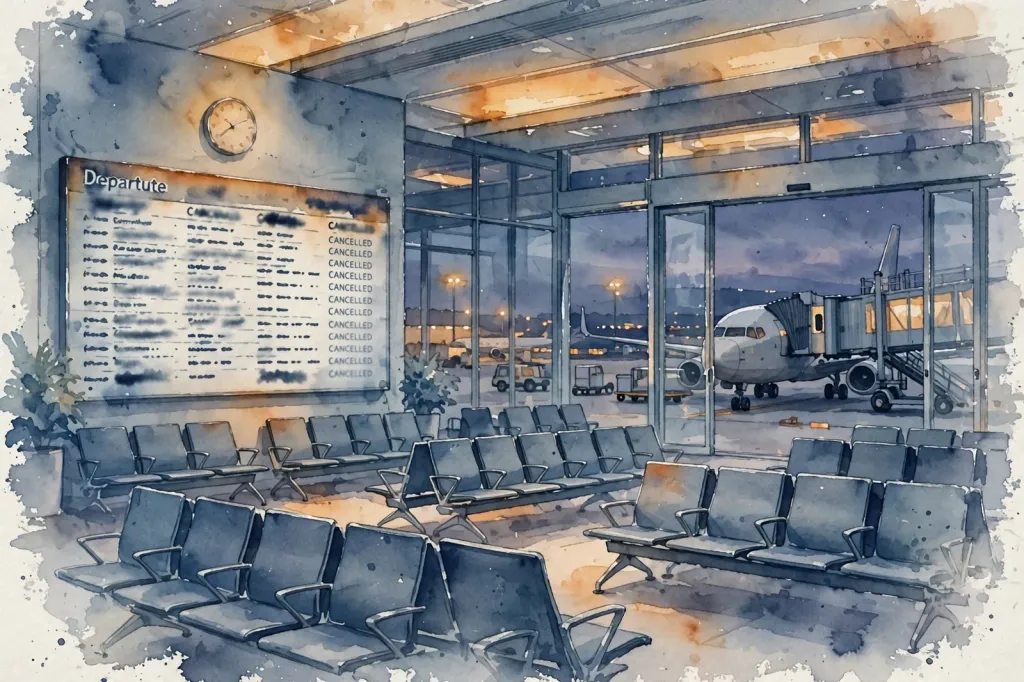 Illustration of a grounded passenger airliner at an airport departure gate with a suspended departures board.