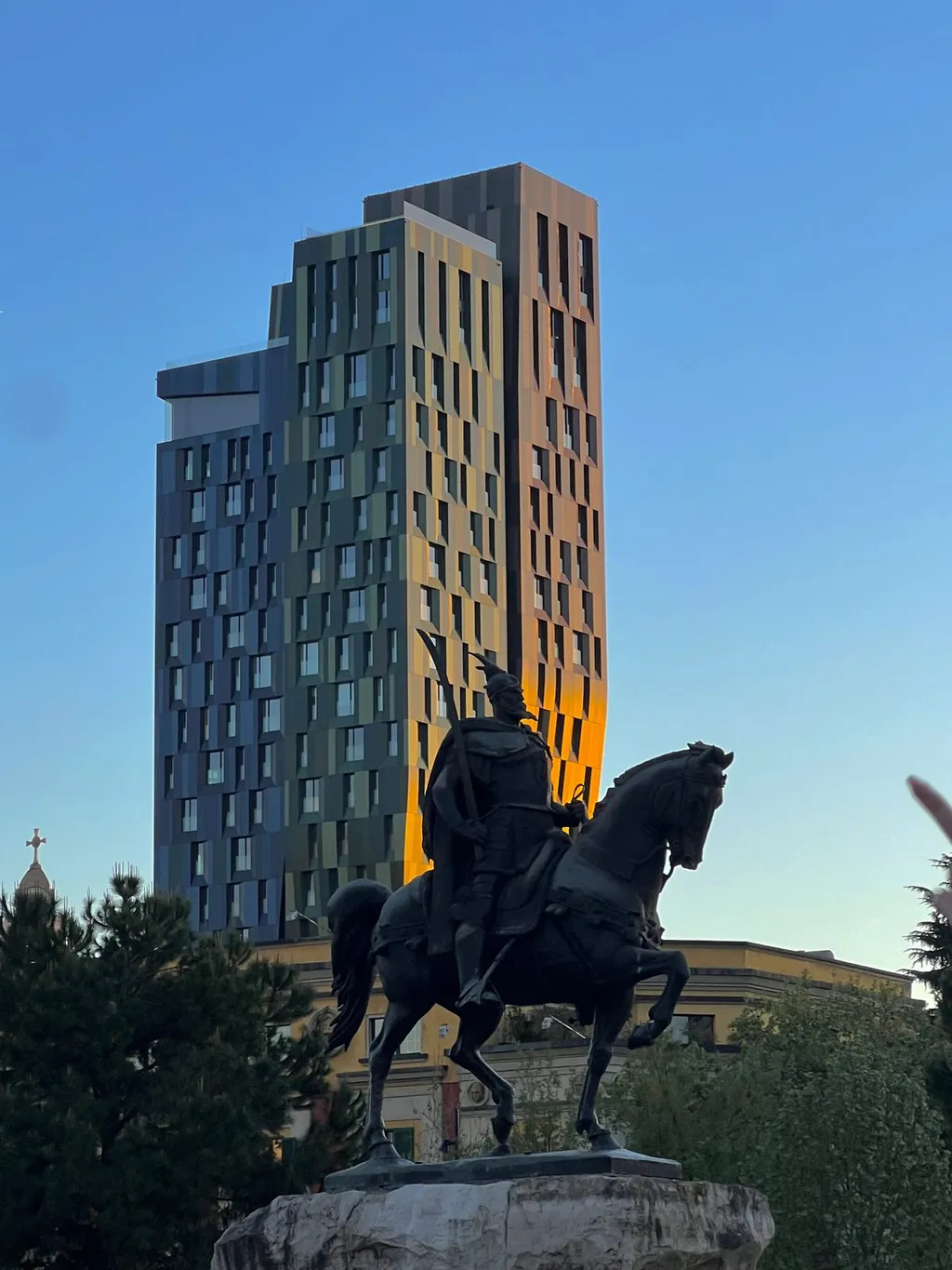 The equestrian statue of Skanderbeg in Skanderbeg Square, central Tirana, Albania