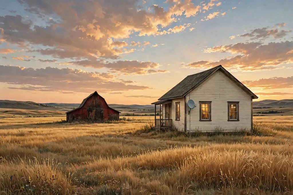Illustration of a rural Alberta farmhouse and barn at dusk with a satellite internet dish mounted on the house.