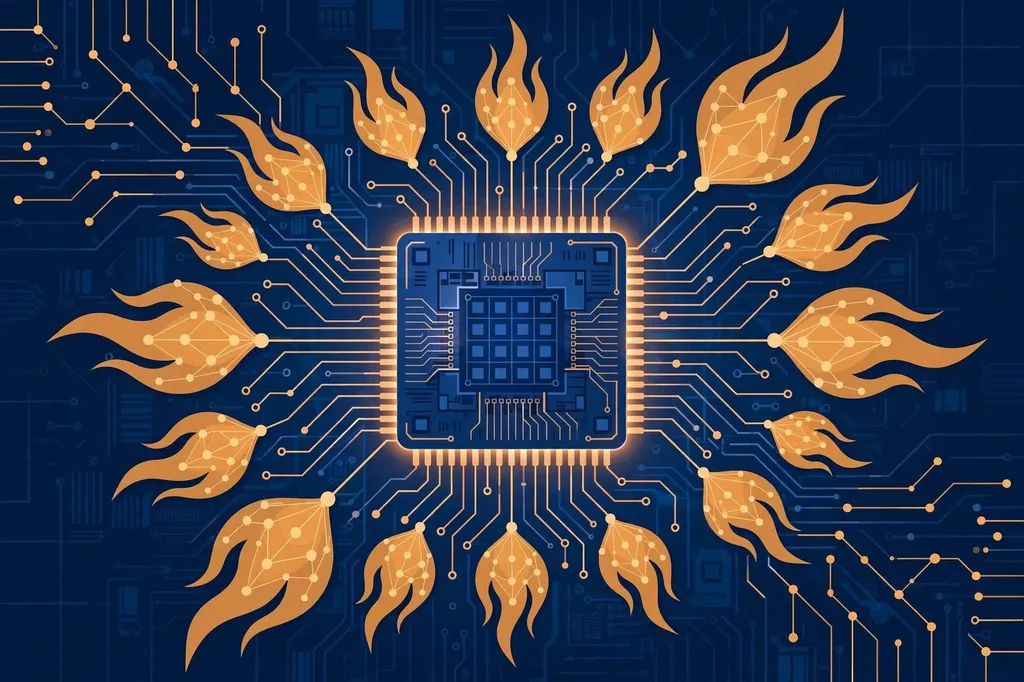 Stylised editorial illustration of a glowing processor chip with circuit traces flowing into amber flame-shaped nodes, representing PyTorch AI apps running on Amazon Trainium chips
