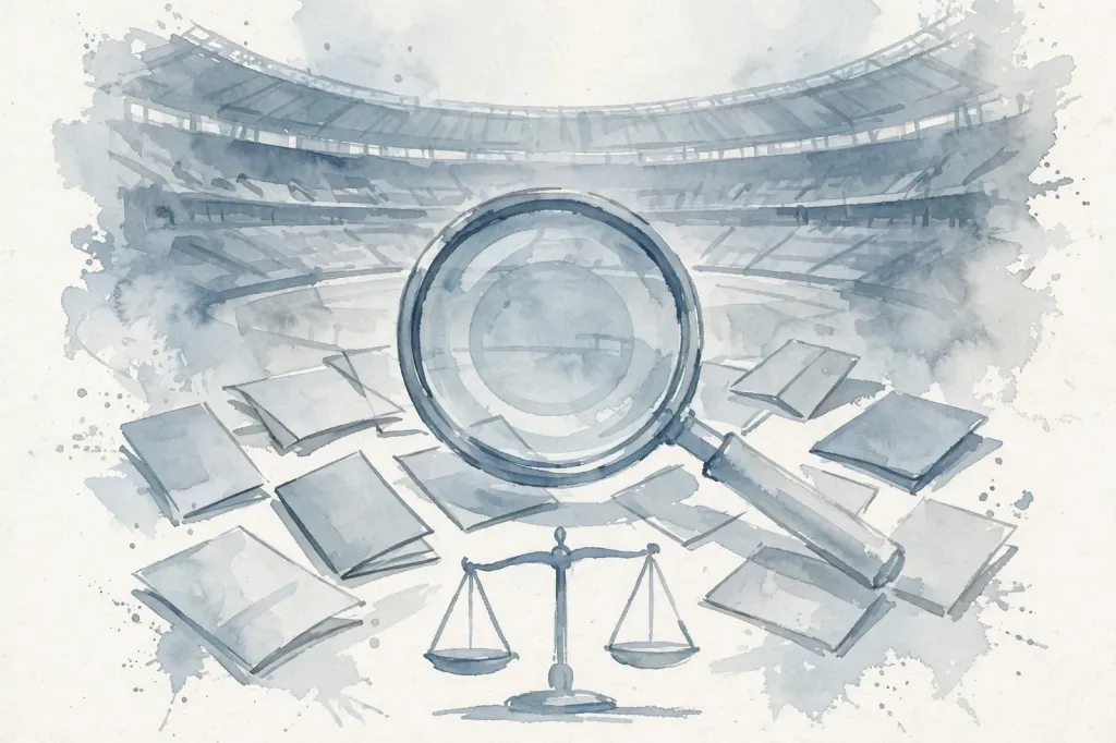 Watercolour editorial illustration of a magnifying glass over scattered documents and a balanced scale before a stadium silhouette, depicting a sports-administration scandal inquiry