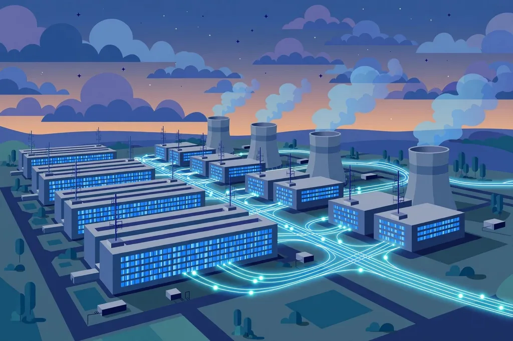 Editorial illustration of a large data centre campus with rows of server halls at dusk