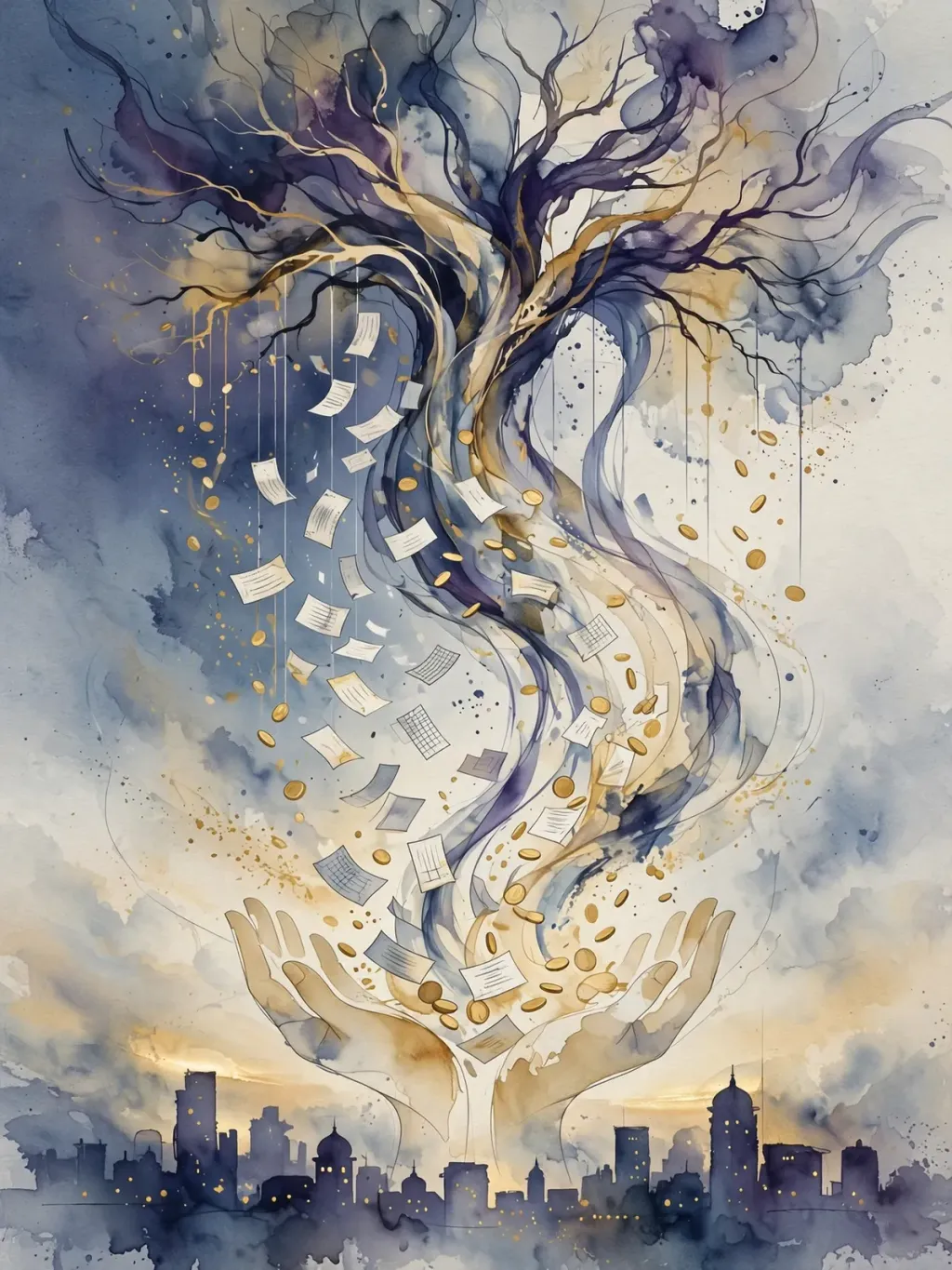 Watercolour editorial illustration of shares and coins flowing from a tree into open hands over a city skyline — abstract concept for Anthropic's public benefit fund announcement (illustration)