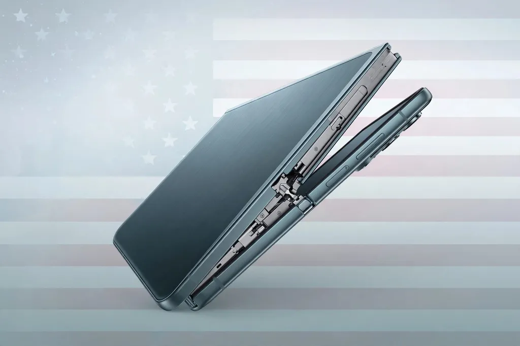 Editorial illustration of a foldable smartphone with a titanium frame