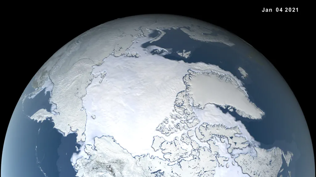 NASA satellite visualisation showing sea ice covering the Arctic Ocean around Canada's northern islands and Greenland.