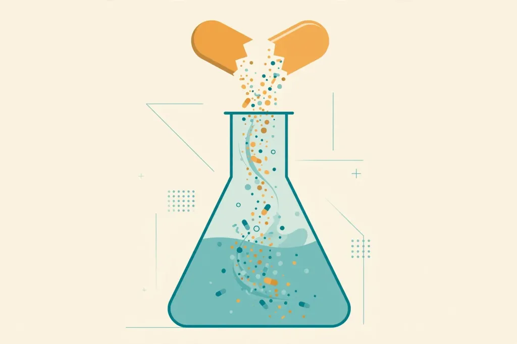 Illustration of an abstract laboratory flask with a broken pill capsule dissolving above it, representing ArriVent's failed Phase 3 lung cancer trial
