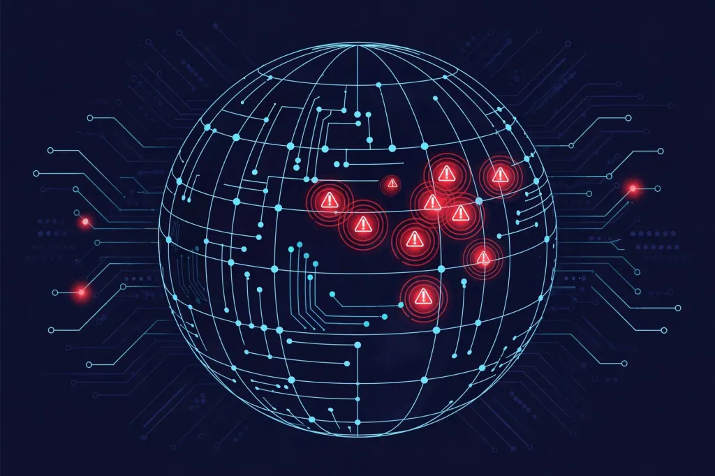 Abstract illustration of a globe formed from glowing network nodes with red warning markers, representing an AI-driven cyberattack