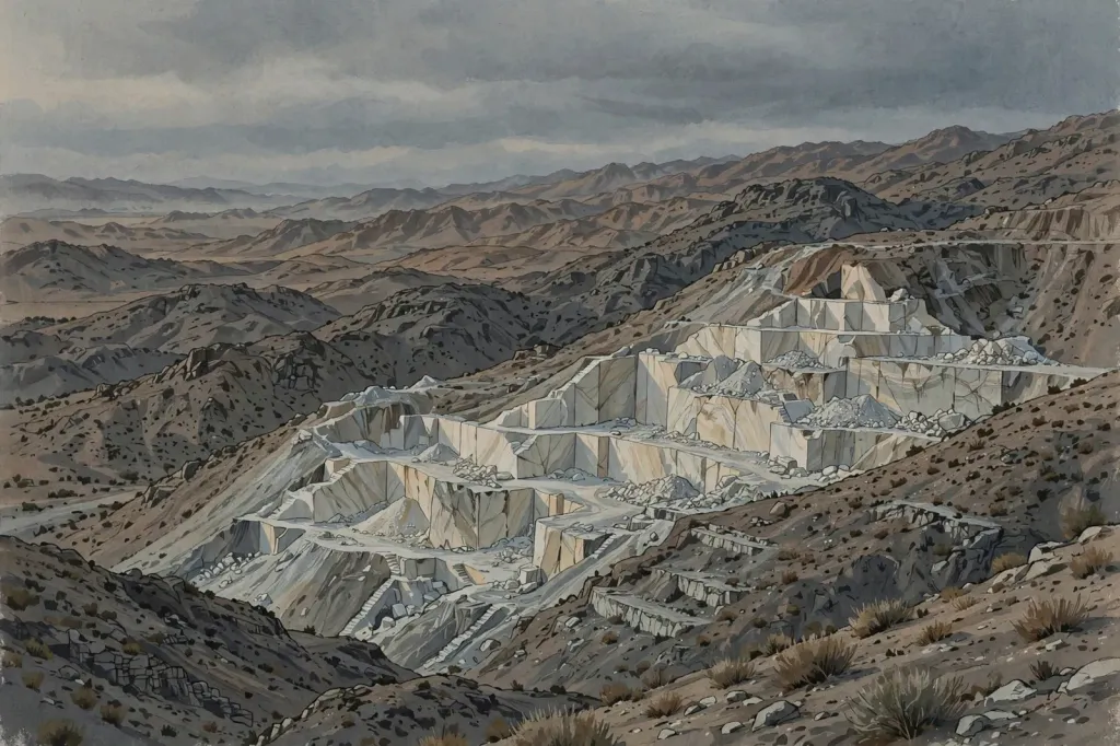 Illustration of terraced marble quarries cut into arid mountains in Balochistan at dusk