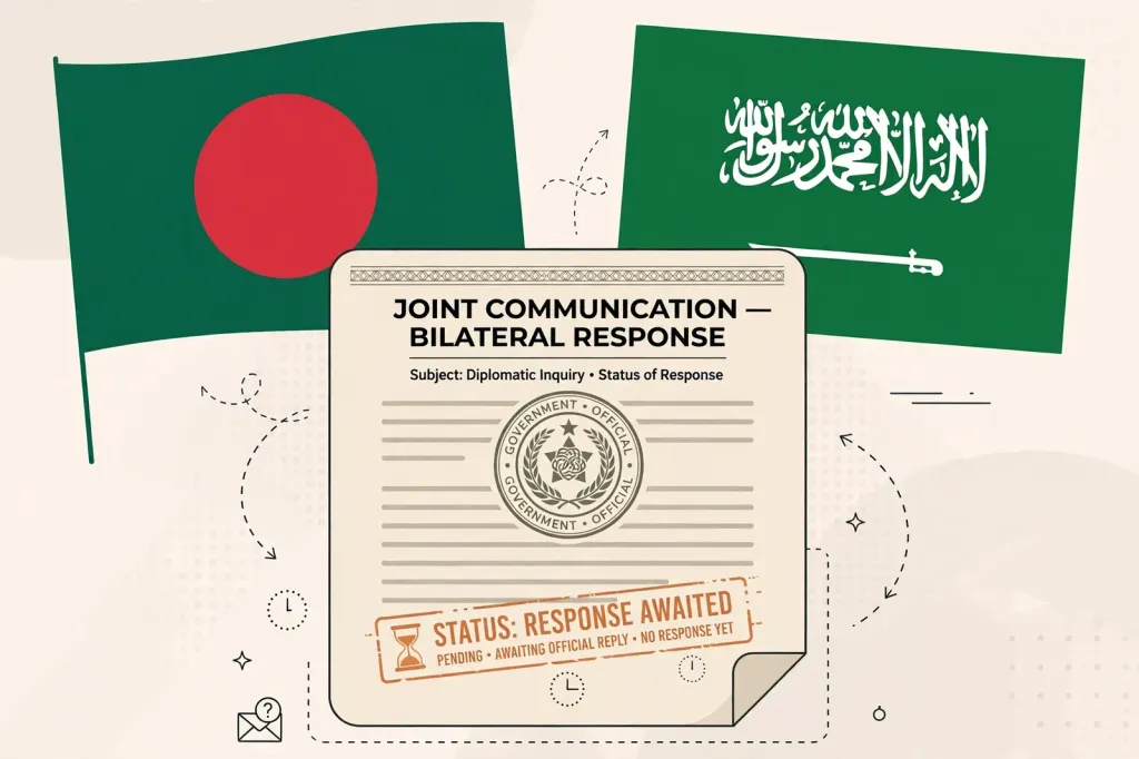 Editorial illustration of Bangladesh's flag and Saudi Arabia's flag with a document awaiting response