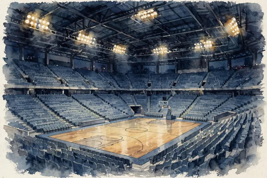 Watercolour illustration of an empty basketball arena under floodlights, labeled as illustration