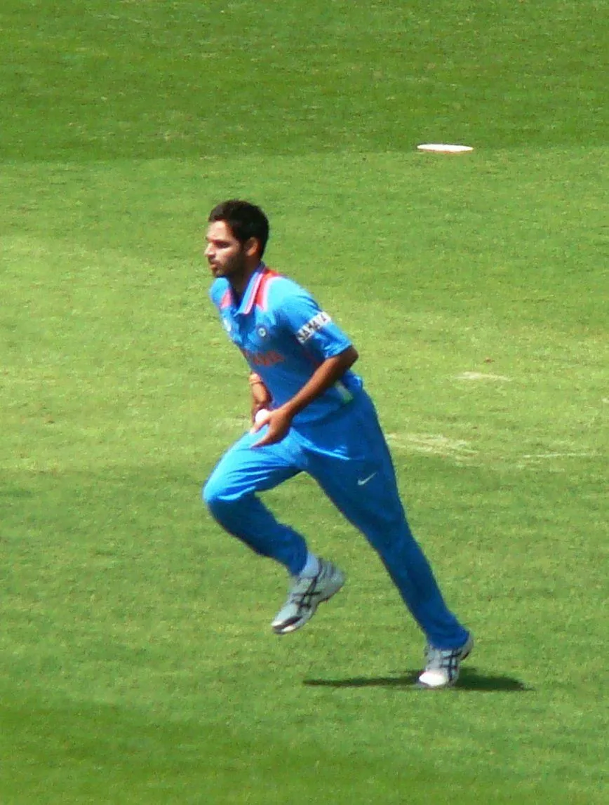 Bhuvneshwar Kumar in his delivery run-up for India during the 2013 Champions Trophy