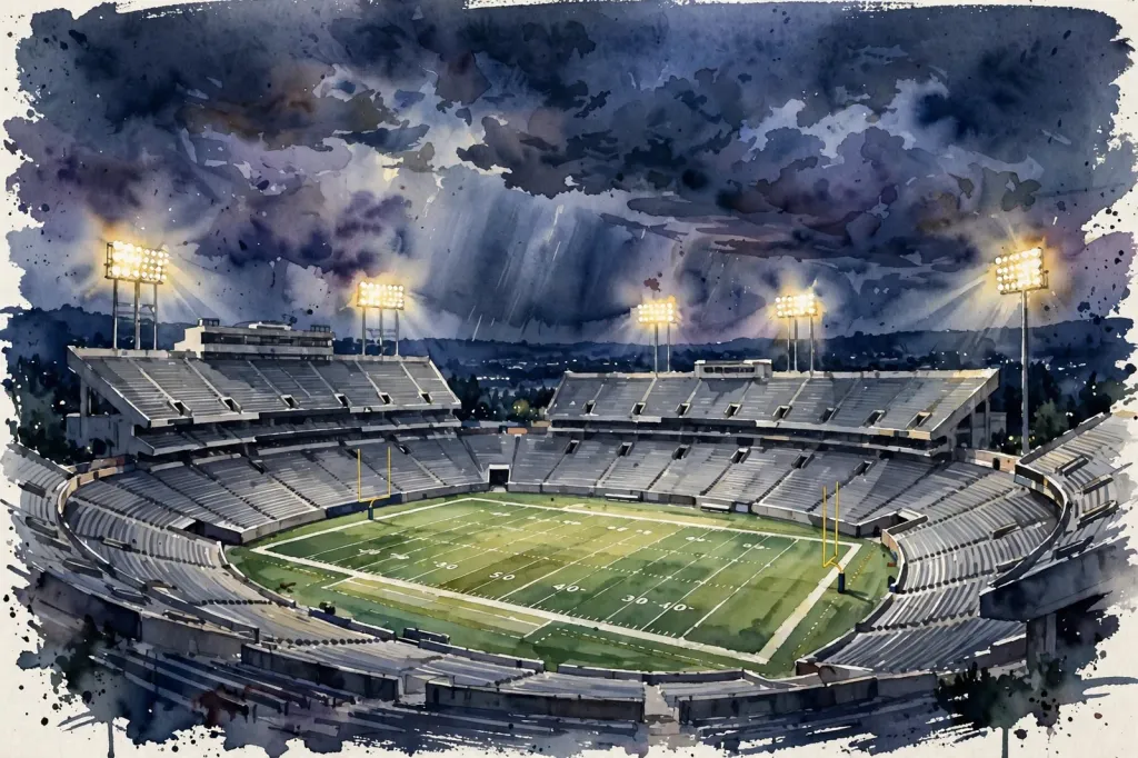 Watercolour illustration of an American football stadium at night with empty stands