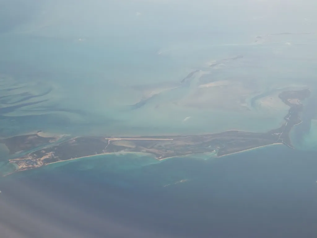 Aerial view of North Bimini island in the Bahamas, turquoise water and coastline, generic stock image