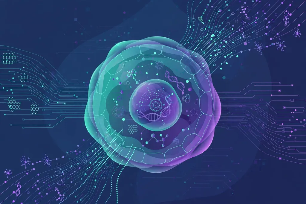 Illustration: a stylised translucent cell with a nucleus, DNA strands and molecular motifs surrounded by flowing data streams, representing AI-driven biological research