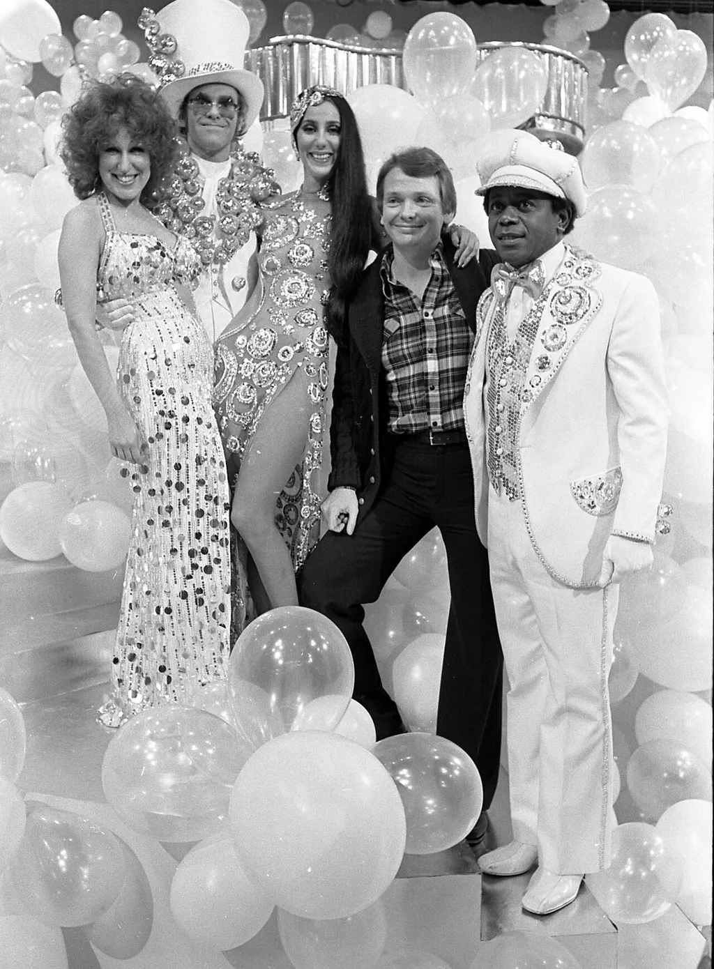 Designer Bob Mackie with Bette Midler, Elton John, Cher and Flip Wilson during the taping of a Cher television special