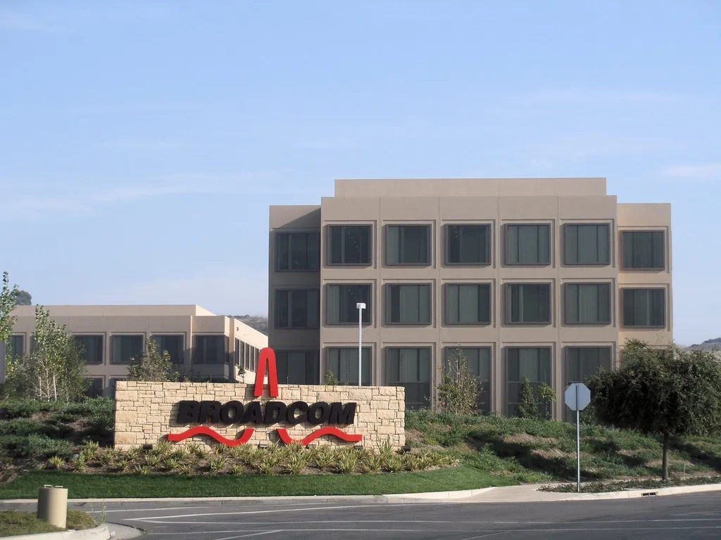 The Broadcom corporate headquarters sign and office buildings in Irvine, California (photographed 2007).