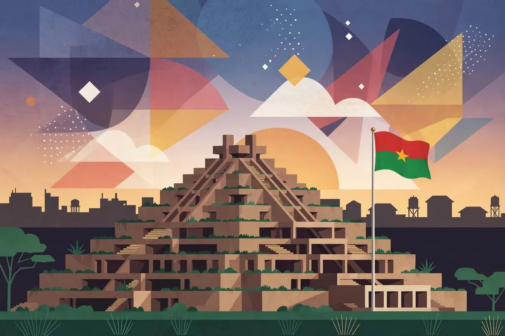Illustration of Burkina Faso's parliament building in Ouagadougou with the national flag flying beside it